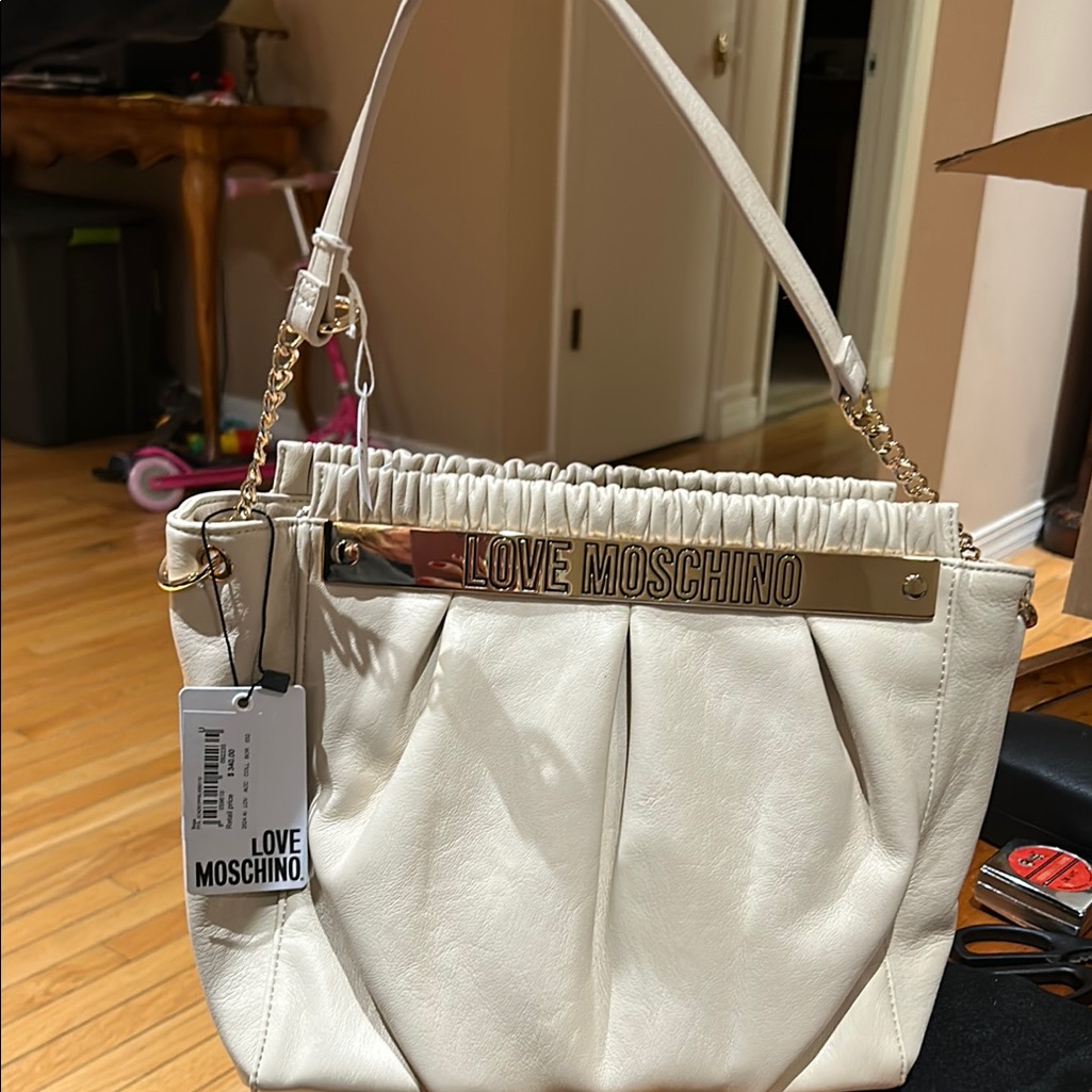 Love Moschino White Textured Shoulder Bag With Rope Handles